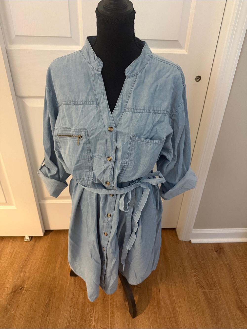 Speed Control Light Blue Denim Button Down Shirt Dress with Tie Waist Casual 2X